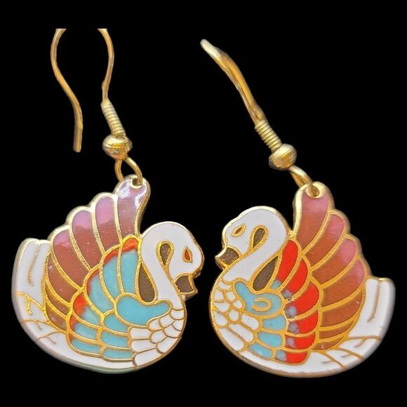 Vintage Cloisonne Earrings White MultiColor Enamel Swans Gold-Tone 2" - Picture 3 of 5